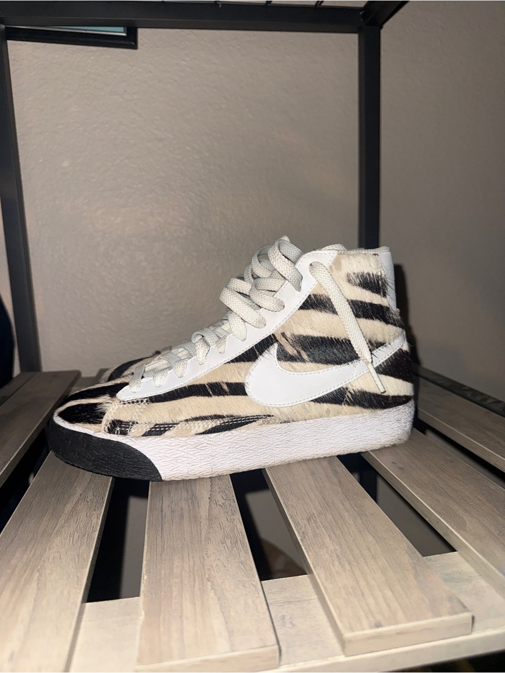 Nike High-Top Zebra Print Sneakers in Cream, Black & White